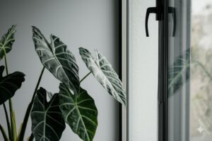 Close-up of a healthy Alocasia plant enjoying soft light, symbolizing the process of acclimating new alocasia plants to a home environment.