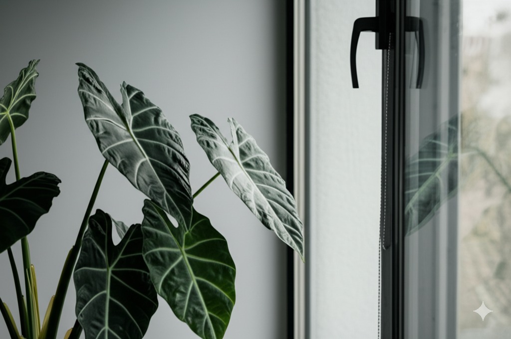 Close-up of a healthy Alocasia plant enjoying soft light, symbolizing the process of acclimating new alocasia plants to a home environment.