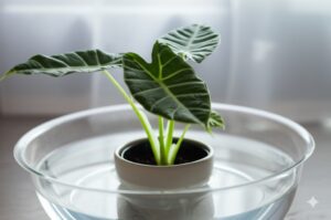Close-up view of an Alocasia plant undergoing the bottom watering alocasia technique in a basin of water.