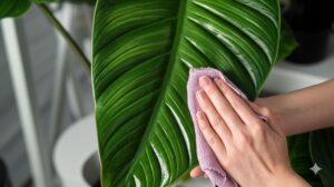 Close-up of hands gently cleaning Alocasia leaves with a damp microfiber cloth.