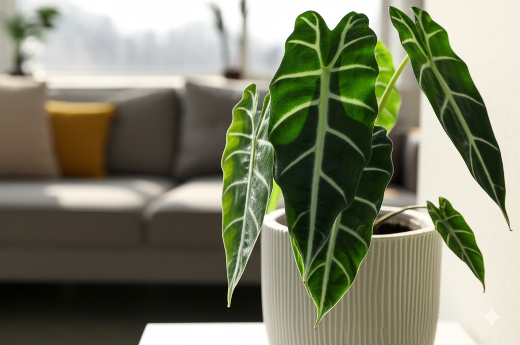 Healthy Alocasia Zebrina plant indoors demonstrating proper alocasia winter care near a window.