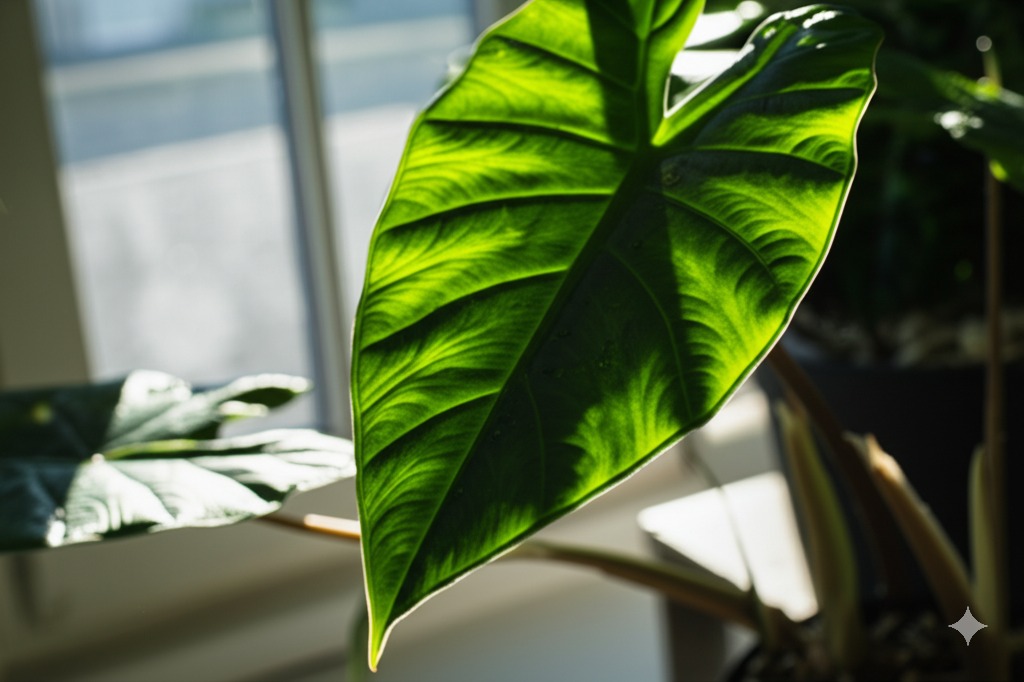 Healthy Alocasia leaf thriving indoors, demonstrating proper alocasia summer care techniques.