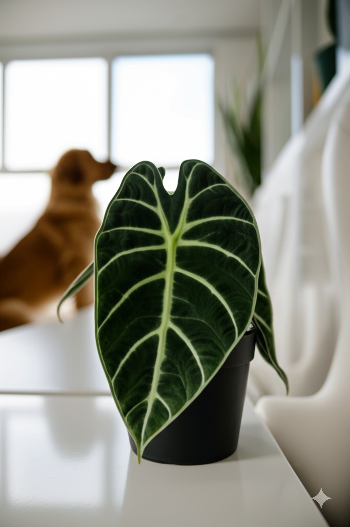 Detailed closeup of a stunning Alocasia leaf highlighting awareness of alocasia toxicity.