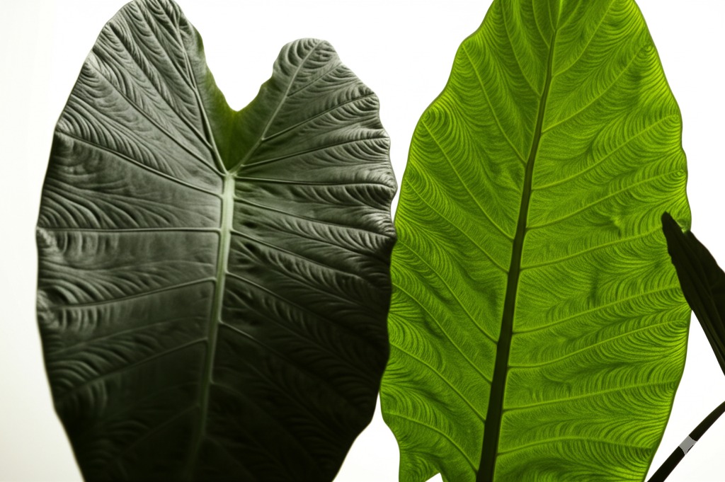 Close-up of three distinct elephant ear leaves highlighting the visual differences for Alocasia vs Colocasia vs Xanthosoma identification.