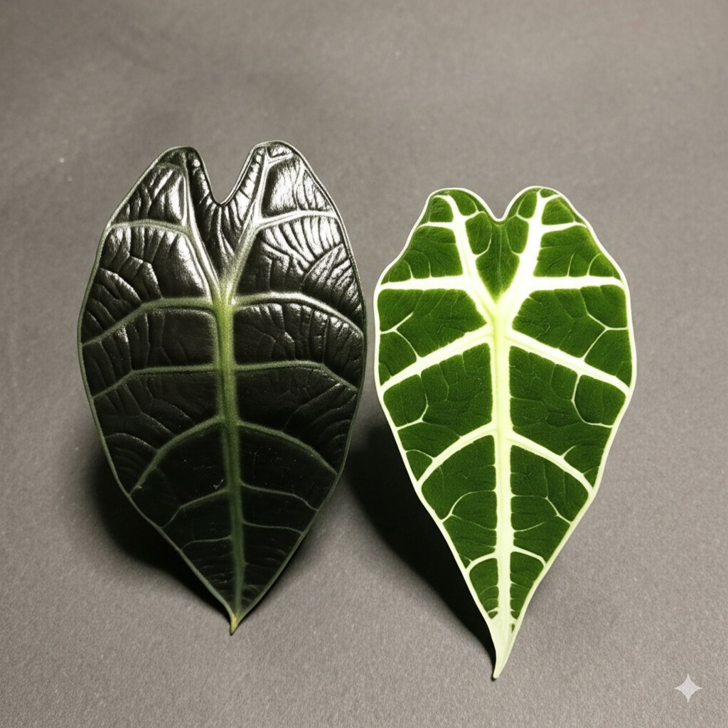 Close-up comparison image showing Alocasia Black Velvet vs Frydek leaves side-by-side, highlighting their distinct colors and shapes.