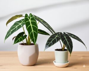 Side-by-side comparison showing the distinct size and leaf shape difference in an Alocasia Polly vs Bambino setup.