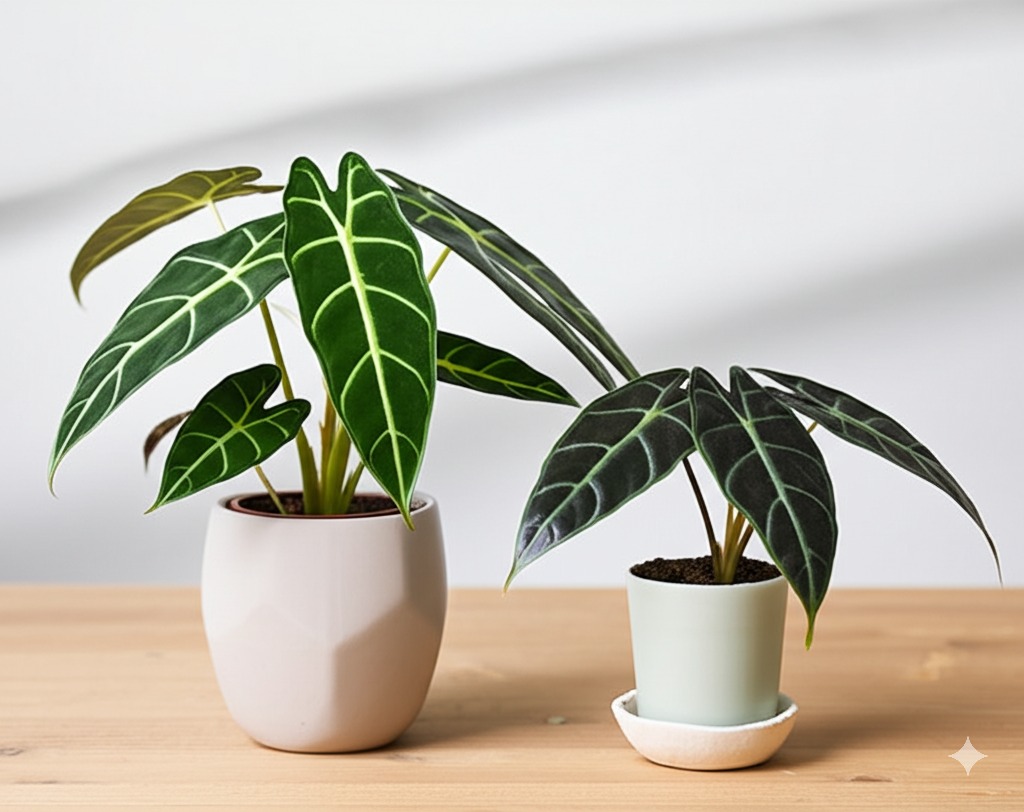 Side-by-side comparison showing the distinct size and leaf shape difference in an Alocasia Polly vs Bambino setup.