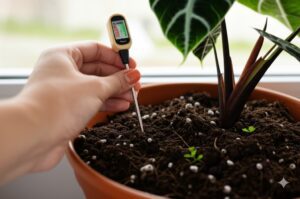 Hand using the best moisture meter for Alocasia 'Black Velvet' plant soil to check water levels.