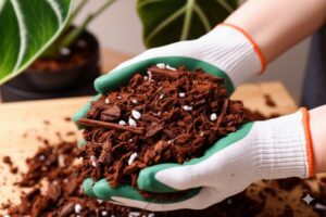 Close-up of hands holding fluffy, damp coco coir alocasia soil mix ready for potting.