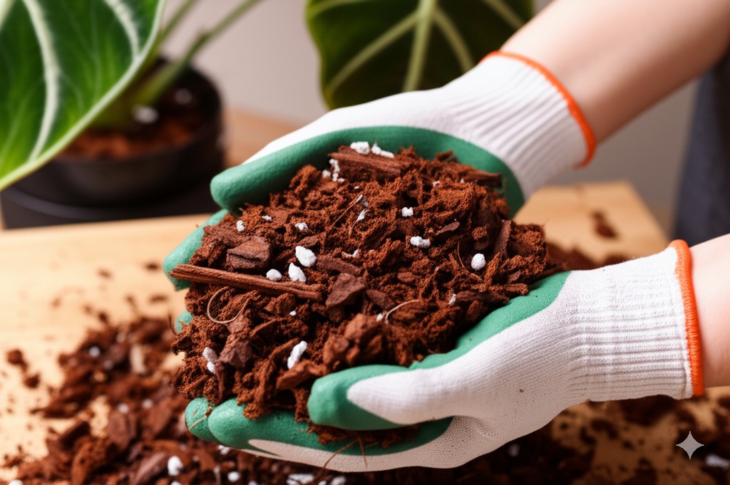 Close-up of hands holding fluffy, damp coco coir alocasia soil mix ready for potting.