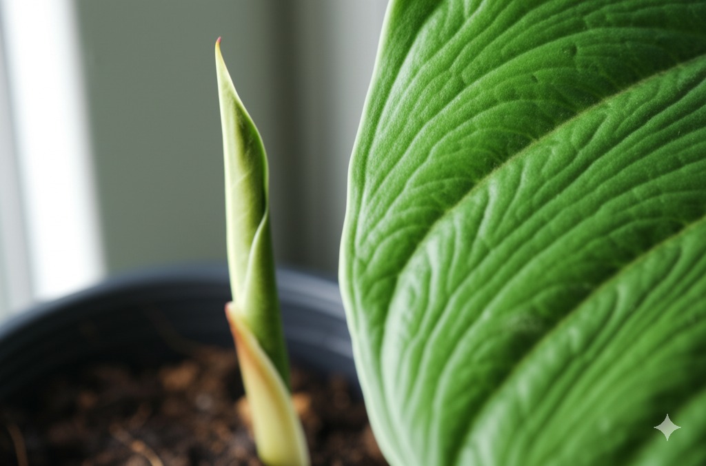 Healthy Alocasia plant in an indoor setting highlighting leaf details relevant to diagnosing alocasia slow growth.