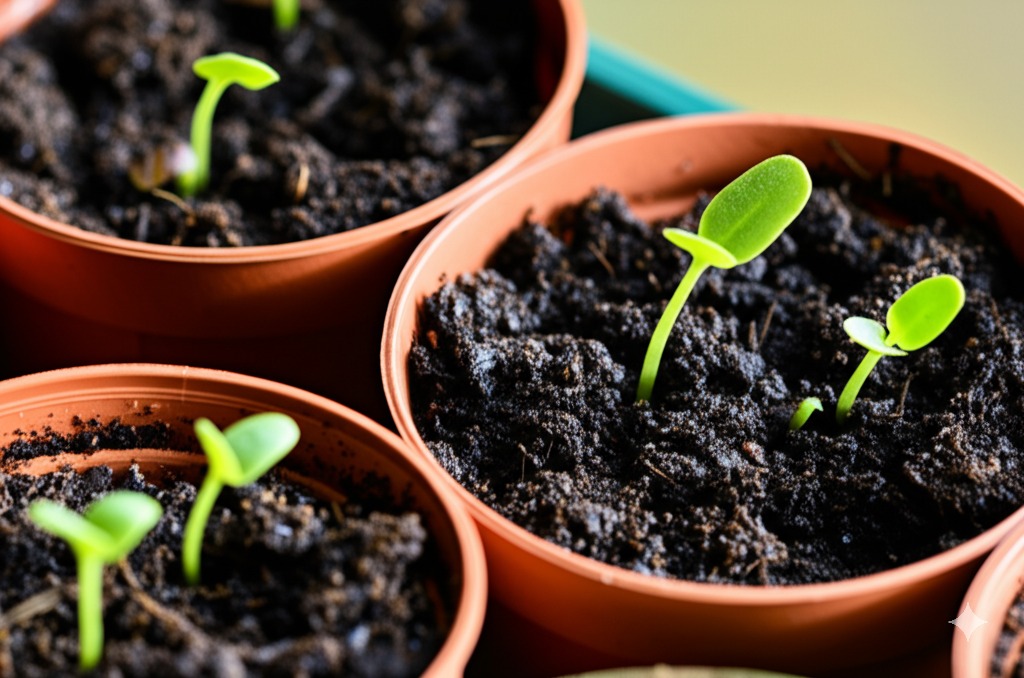 Tiny Alocasia seedlings emerging from soil, illustrating how to grow Alocasia from seed.