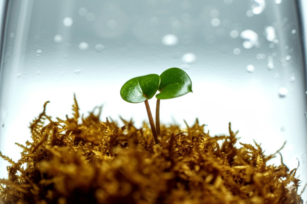 Tiny tissue culture alocasia plantlet inside a humidity dome receiving specialized care.