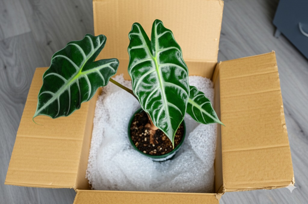 Healthy Alocasia plant carefully unpacked from box, illustrating how to safely buy alocasias online.