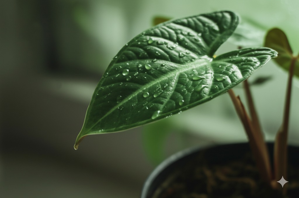 Healthy Alocasia leaf representing natural pest control using beneficial insects alocasia.