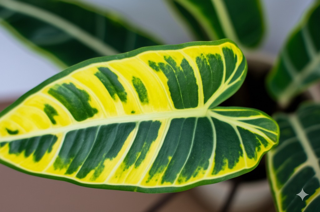 Close-up of an Alocasia leaf showing clear symptoms of alocasia nutrient deficiency like yellowing between veins.