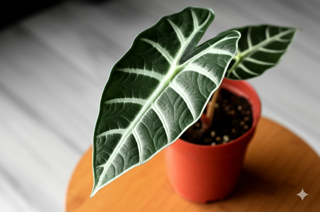Healthy Alocasia 'Polly' houseplant leaves closeup, illustrating the history of alocasia from wild origins to indoor stars.