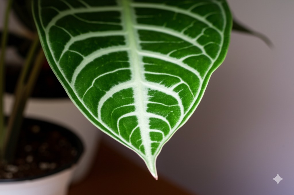 Healthy Alocasia Bambino leaf with prominent silvery veins, showcasing successful alocasia bambino care.