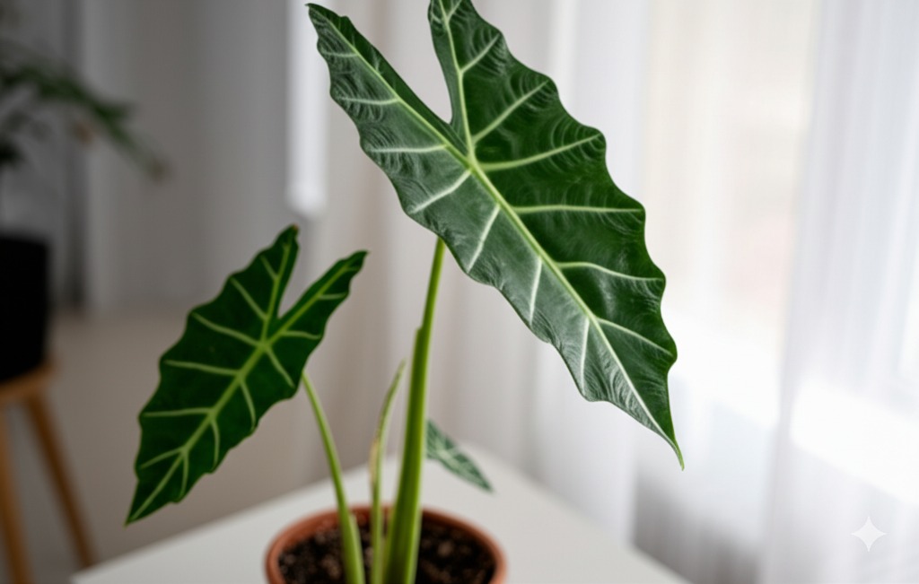 Healthy Alocasia macrorrhizos plant with large green leaves receiving indirect sunlight indoors, illustrating proper alocasia macrorrhizos care.