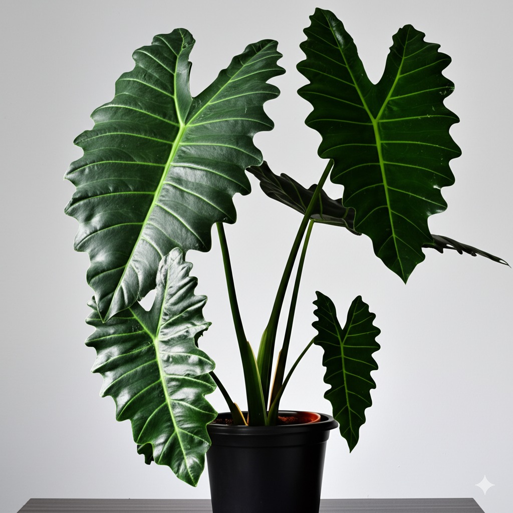 Healthy Alocasia Portodora plant with large upright leaves receiving indirect light, illustrating alocasia portodora care.