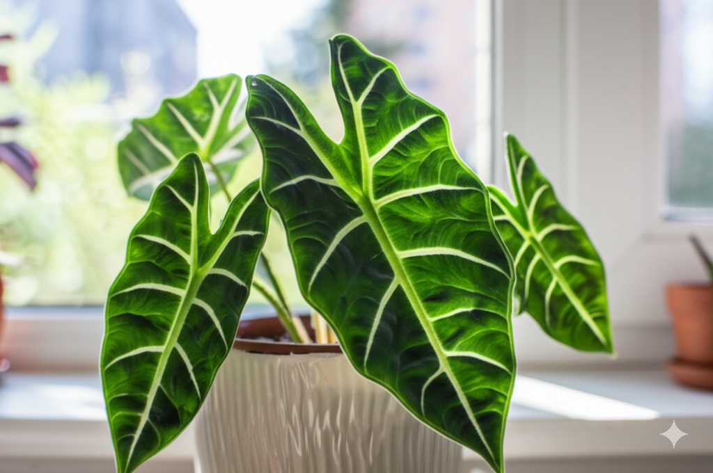 Healthy Alocasia Sarian plant displaying striped stems and large leaves, illustrating good alocasia sarian care.