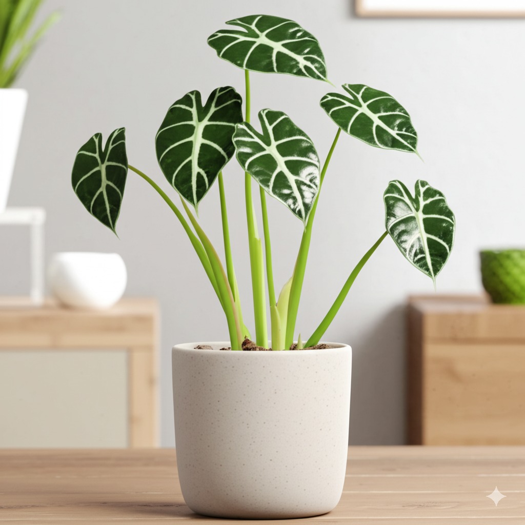 Healthy Alocasia 'Tiny Dancer' plant showcasing elegant stems and leaves, illustrating proper alocasia tiny dancer care.