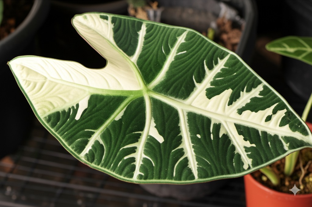Stunning leaf detail of rare alocasia varieties, highlighting velvety texture and striking variegation.