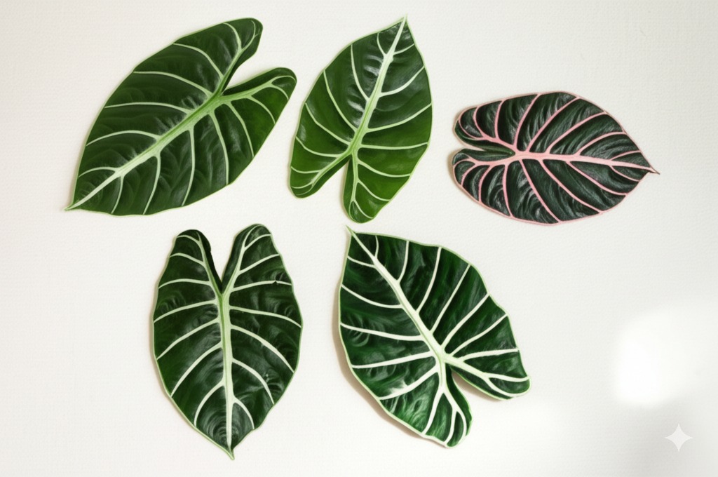 Collage of five Alocasia varieties arranged in a color wheel on white.