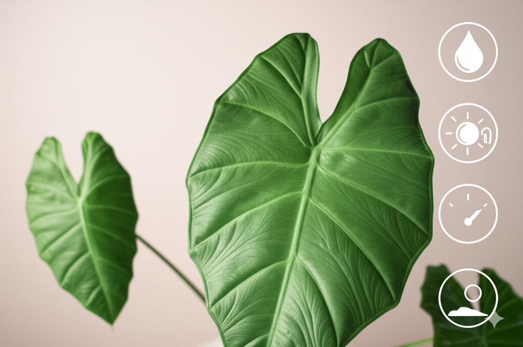 Healthy Alocasia leaf with icons for light, water, humidity and soil.