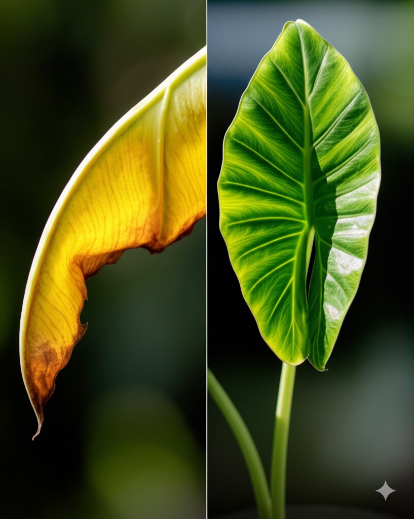 Before‑and‑after Alocasia leaf showing yellowing vs healthy green.