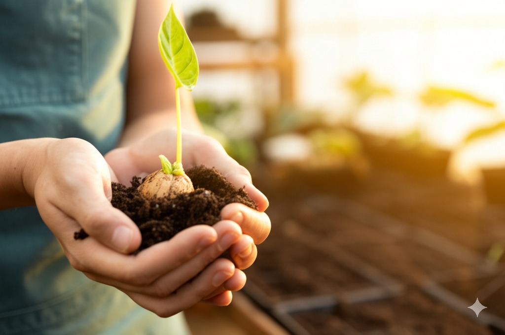 Hands holding an Alocasia corm with a new sprout in moist soil.