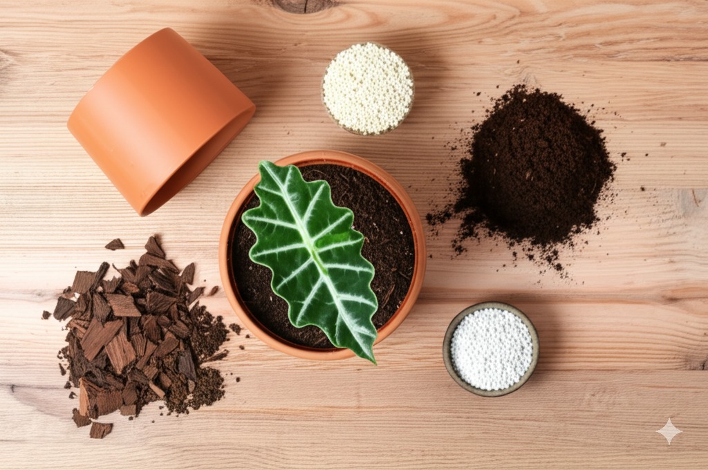 Flat‑lay of Alocasia soil ingredients surrounding seedling in pot.