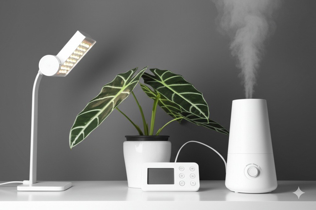 Humidifier, grow light and moisture meter displayed with Alocasia.
