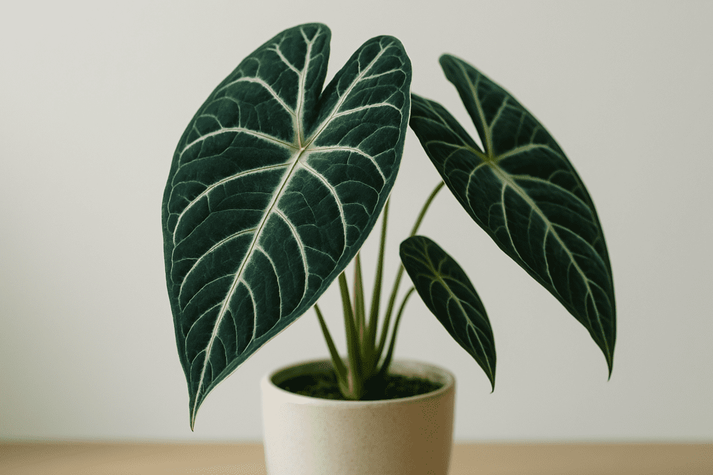 Healthy Alocasia Polly plant with vibrant leaves, showcasing successful alocasia polly care.