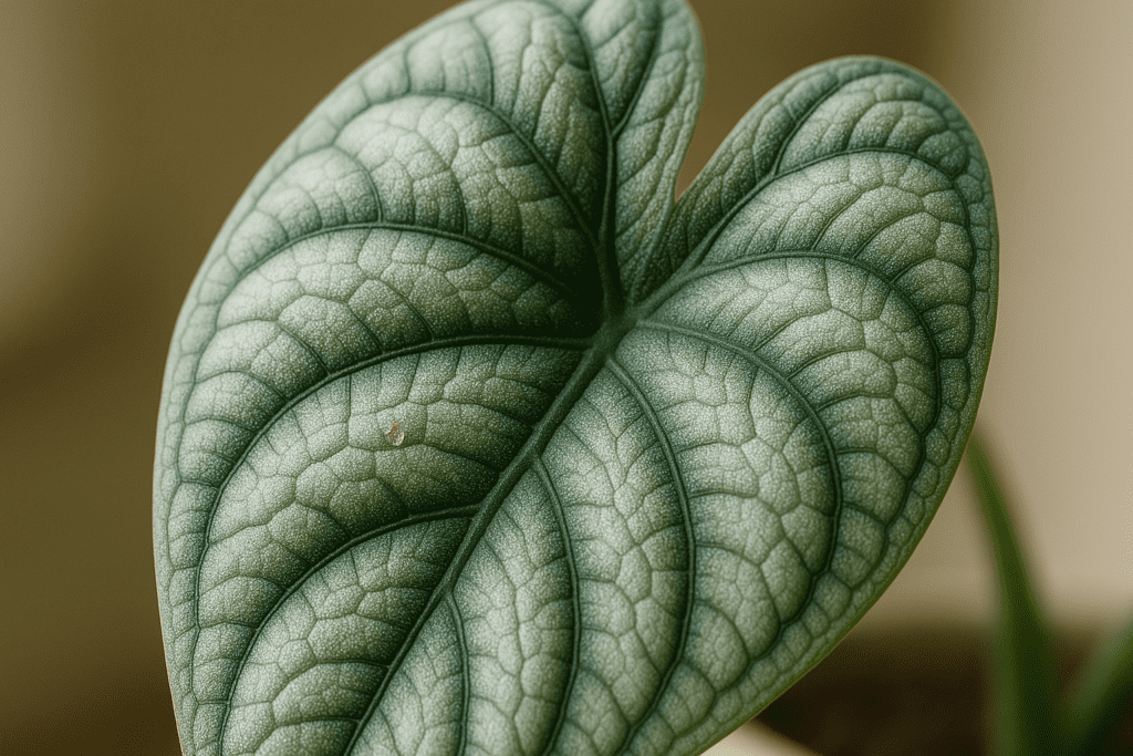 Healthy, shimmering Alocasia Silver Dragon leaf showcasing results of good alocasia silver dragon care.