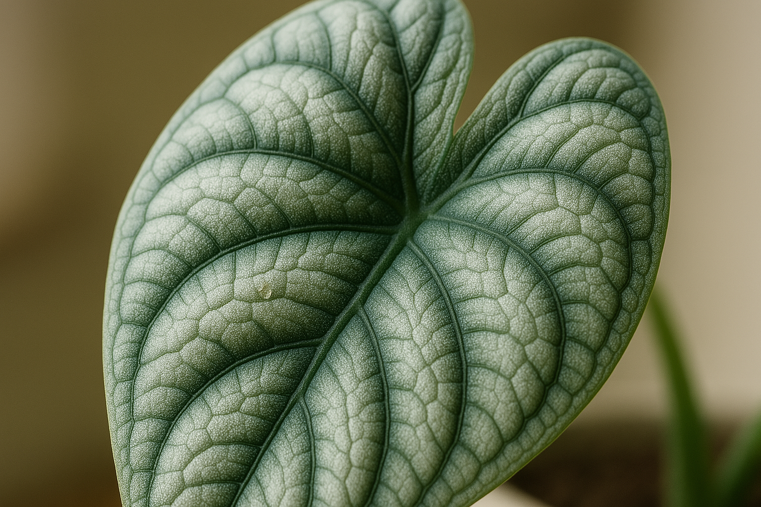Healthy, shimmering Alocasia Silver Dragon leaf showcasing results of good alocasia silver dragon care.