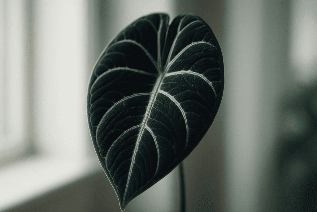 Healthy Alocasia Black Velvet leaf detail showing velvet texture and silver veins - representing proper alocasia black velvet care.