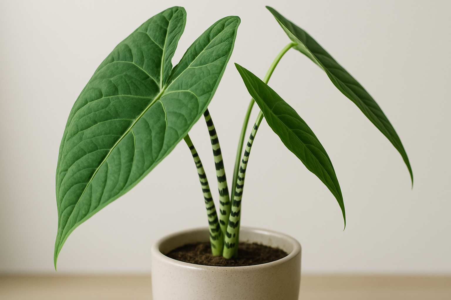 Healthy Alocasia Zebrina plant with striking striped stems thriving indoors, illustrating proper alocasia zebrina care.