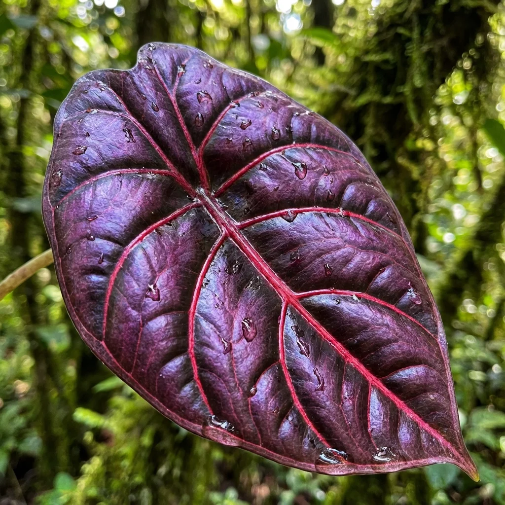 Alocasia Azlanii purple leaf veins close up macro photography