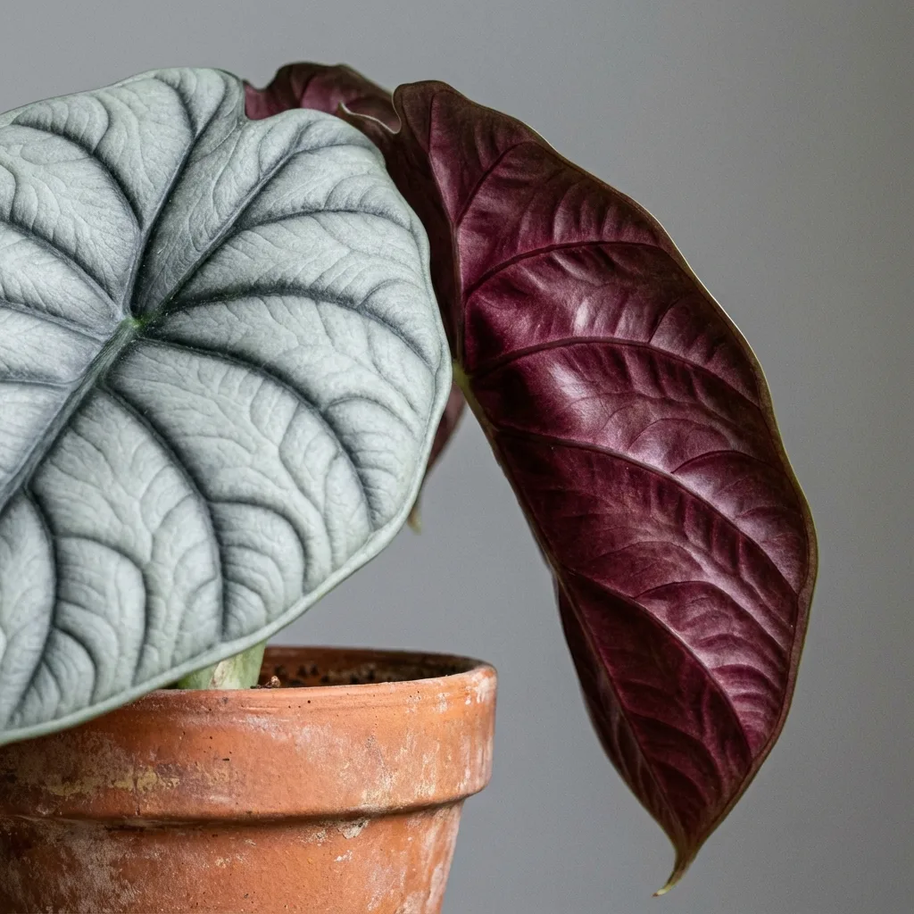 Alocasia Nebula Imperial Red leaf with thick metallic texture