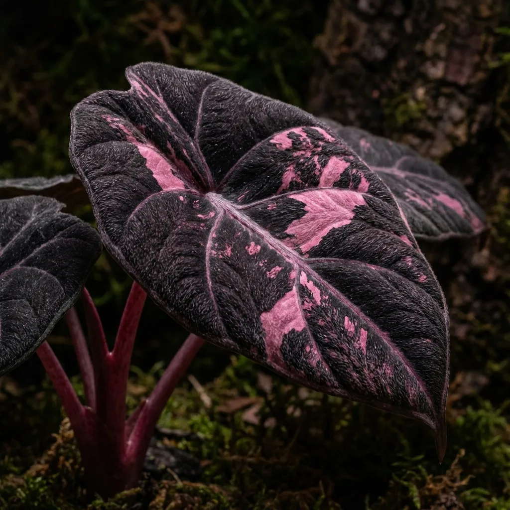 Alocasia Pink Ninja thick pink variegated leaf detail