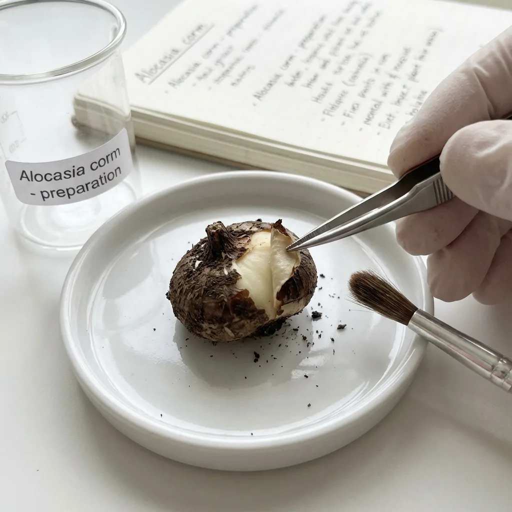 Removing outer shell from Alocasia corm with tweezers step by step
