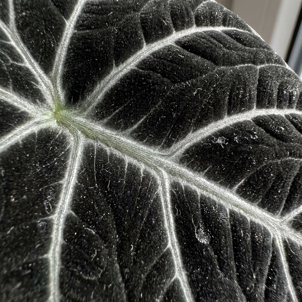 Close up of Alocasia Black Velvet leaf texture update 2026