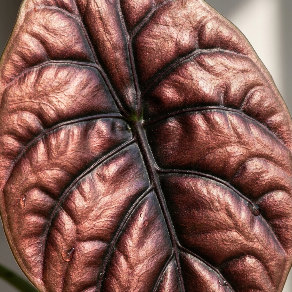 Close up of Alocasia Cuprea Red Secret metallic leaf texture update 2026