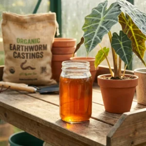 Glass jar of organic worm casting tea fertilizer on potting bench
